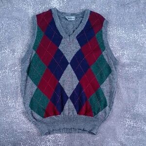 Vintage 90s Wool V-Neck Argyle Sweater Vest - Gray, Red, Green, Blue UNISEX